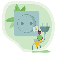 Characters reduce energy consumption at home, People unplug appliances. Power save concept. Vector.