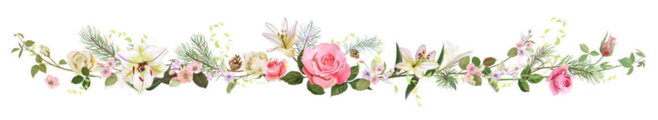 Panoramic view with gentle roses, lilies, spring blossom, pine branches. Horizontal border for Valentine's Day: flowers, leaves on white background, digital draw, vintage watercolor style, vector