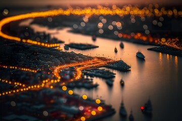 Drone photo of a port at night 3D Illustration