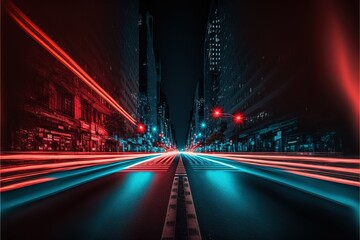 Fototapeta na wymiar new york street at night skyscrapers long exposure, fast , ai generated