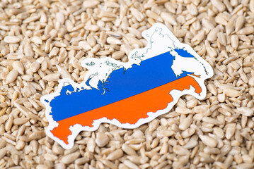 Flag and map of russia on peeled sunflower grain. Concept of growing sunflowers in russia, origin...