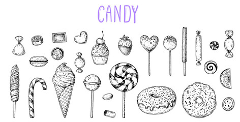 Set of sweets. Sketch collection. Hand drawn vector illustration. Black and white candies set. Vector illustration in sketch style. Design elements. - obrazy, fototapety, plakaty