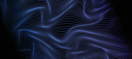 Abstract dotted wave line particles of bright blue purple design element on dark black background. Modern technology futuristic concept. Vector illustration