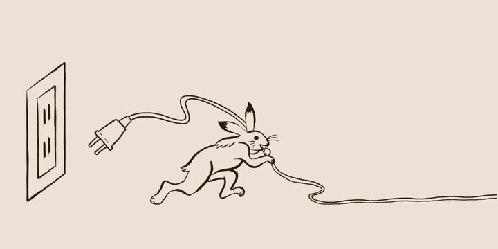A Choju-giga-style rabbit happily unplugging and running