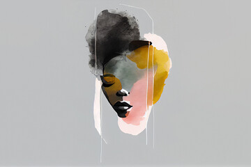 Minimalistic watercolor face abstraction on a plain grey background. Simple minimalistic ai generated background.
