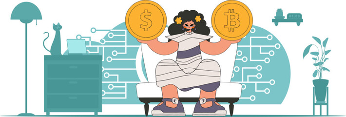 The girl is holding a coin of bitcoin and dollar. Cryptocurrency and fiat exchange concept. - obrazy, fototapety, plakaty