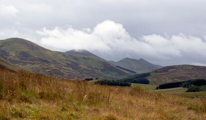 Cloudy view of the Pentland Hills in Scotland. Nature on a cold day