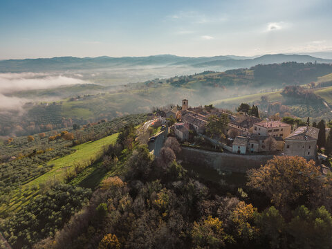 Italy, December 2022: aerial view of the beautiful medieval village of Montegridolfo in the province of Rimini in the Emilia Romagna region bordering the Marche region