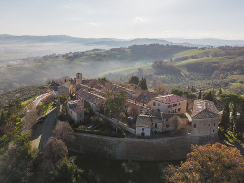 Italy, December 2022: aerial view of the beautiful medieval village of Montegridolfo in the province of Rimini in the Emilia Romagna region bordering the Marche region