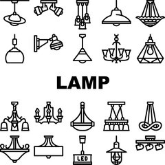 lamp ceiling light interior home icons set vector. room bulb, decor chandelier, wall electric, bright decoration, metal style lamp ceiling light interior home black contour illustrations