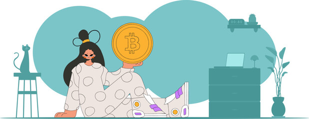 The girl is holding a bitcoin coin. The concept of interaction with digital monetary assets.