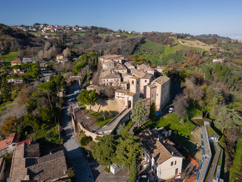 Italy, December 2022: aerial view of the beautiful medieval village of Montegridolfo in the province of Rimini in the Emilia Romagna region bordering the Marche region