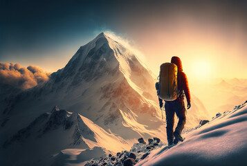 Mountain climber in winter scene looking at the sunset, Generative AI illustration