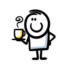 A young waiter in a cafe carries a cup of hot coffee on a tray.