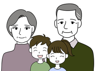 笑顔で並ぶ老夫婦と孫の上半身イラスト