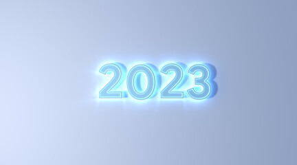 2023 new year blue color neon effect on white background 3d illustration rendering . happy new year concept