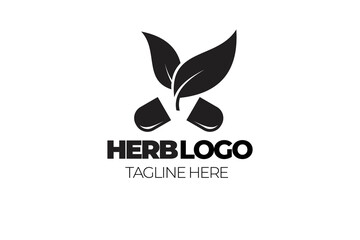 A vector illustration of a logo featuring a capsule pill with a leaf design, representing herbal medicine.