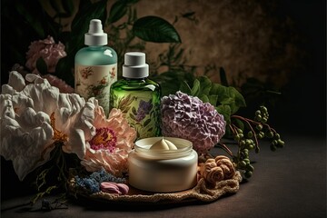 Obraz na płótnie Canvas Flowers next to organic, natural cosmetics, face towels, candles, body care. Cosmetics for relaxation, aroma. Vintage background. Massage products, cream. The beauty. Hand sanitizer Virus protection