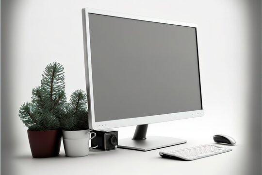 Computer all in one on table with isolated white screen for mockup in Christmas time. Generative AI