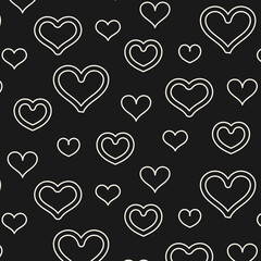 doodle pattern for valentine's day with hearts, poster with background for advertising, party banner on black background with white lines