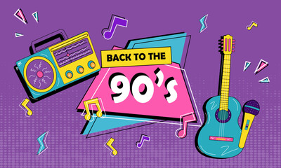 Nostalgic 90s music festival flat design with illustration of guitar, sound and mic