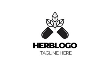 A vector illustration of a logo featuring a capsule pill with a leaf design, representing herbal medicine.