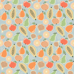 Vector fruit seamless pattern on blue background in flat style. Ideal for printing on fabric, wrapping paper, wallpaper, etc.