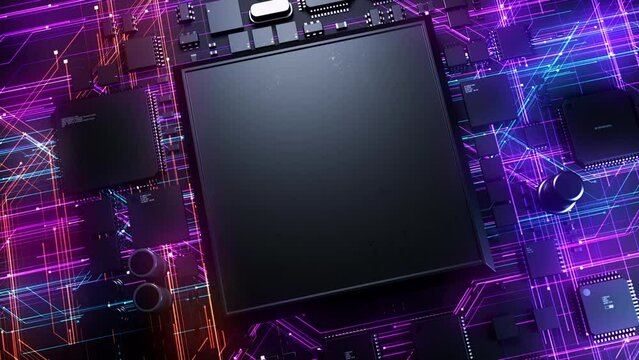 CPU on printed circuit board effect multicolor computing traffic. microelectronics technology concept