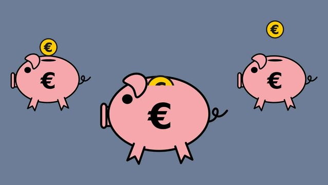 Pink piggy bank with dollar and euro on green and color background - animation