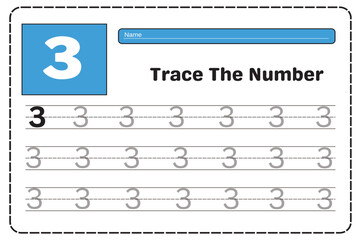 Number 3 tracing practice worksheet with Worksheet for learning numbers. Number training writes and counts numbers. Exercises handwriting practice