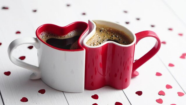 Two heart shaped coffee cups conected with each other.