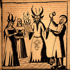 satanic ritual of sorcery and demon summon in antique medieval manuscript paper. generative ai