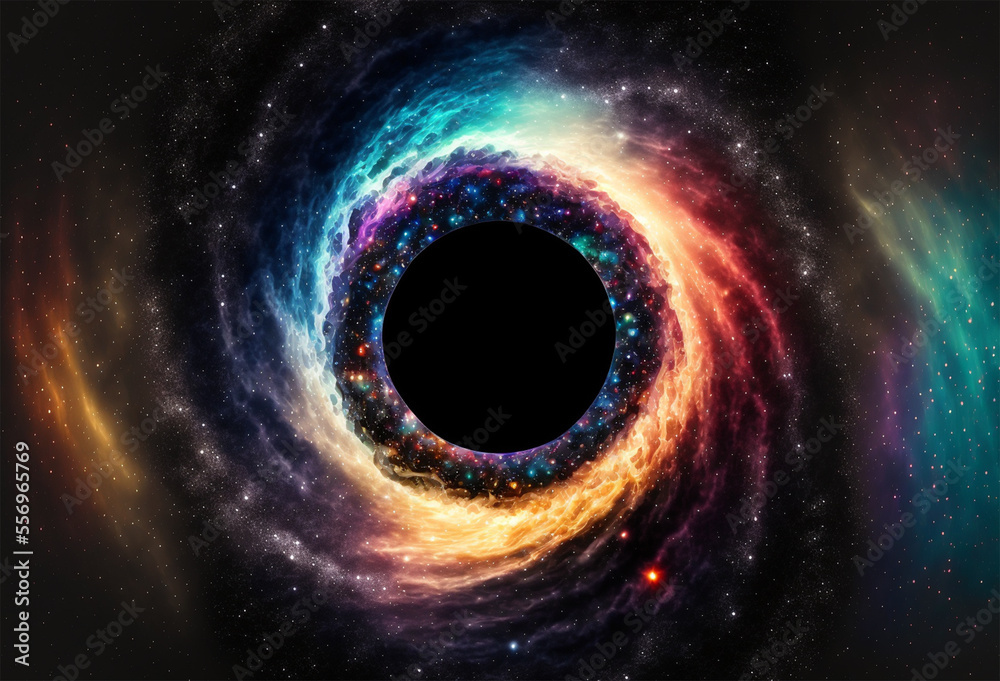 Wall mural a black hole with a glowing constellation of various colors revolves around a black hole in the univ