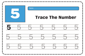 Number 5 tracing practice worksheet with Worksheet for learning numbers. Number training writes and counts numbers. Exercises handwriting practice