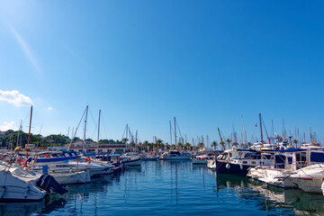 Marina at S’Arenal of Mallorca Island on a blue cloudy autumn day. Photo taken October 13th, 2022, Mallorca, Spain.