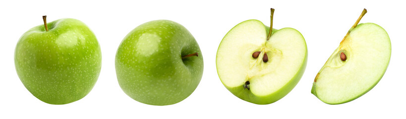 green apple, half and slice isolated, transparent png, collection, PNG format, cut out