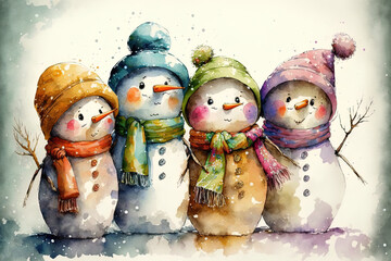 Cute cartoon style snowmen in watercolor. an amateurish hand drawn image. Generative AI