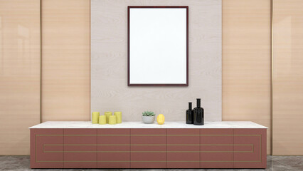 Modern Interior with empty frames mock-up on wooden wall with wooden table. 3D rendering