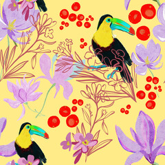birds on a branch. Watercolor vintage tropical leaves seamless pattern, botanical floral summer texture. Birds, flowers and berries. © Olesia La