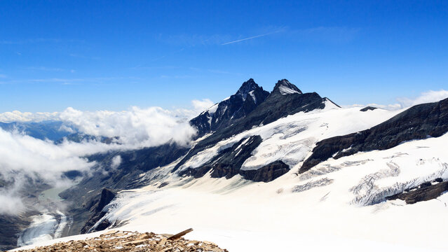 Mountain Grossglockner and glacier Pasterze panorama in Glockner Group, Austria