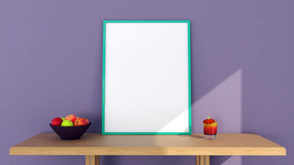 Blank picture frame mockup with wooden table. Living room design with scandinavian style interior with artwork mock up on purple wall. 3D rendering