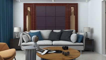 Modern living room with wooden wall decoration, sofa and wooden table. 3D rendering