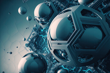 Fototapeta premium Abstract geometric forms against a backdrop of blueprints, representing advanced technology in the future. Generative AI