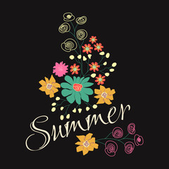 Vector illustration with bright summer flowers on a dark background.