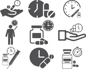 Time taking dose medication icon set, pharmacist icon set black vector