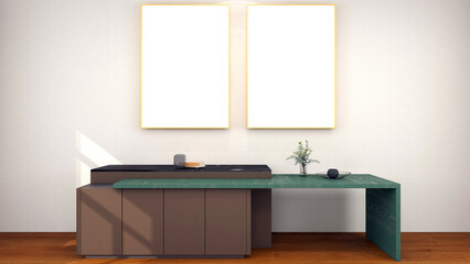 Interior with empty yellow frames mock-up with brown and green wooden table. 3D rendering