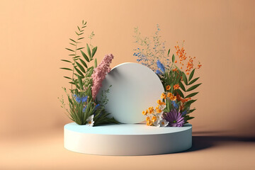 A Spring pastel white pedestal, product podium that is decorated with fresh, beautiful flowers and leaves. Bright background. Minimal 3d illustration. Generative AI.