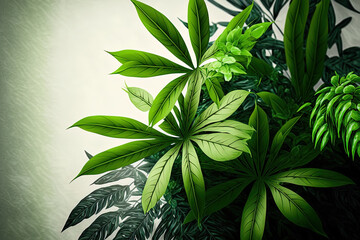 Green plant branch leaves provide for an attractive, natural flower background. Generative AI