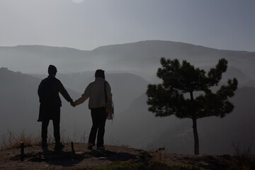 Silhouette of couple on a background of beautiful mountain. Couple is next to tree.
