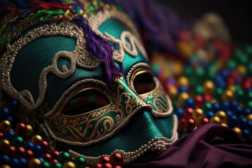 mardi gras ornate mask, purple and teal